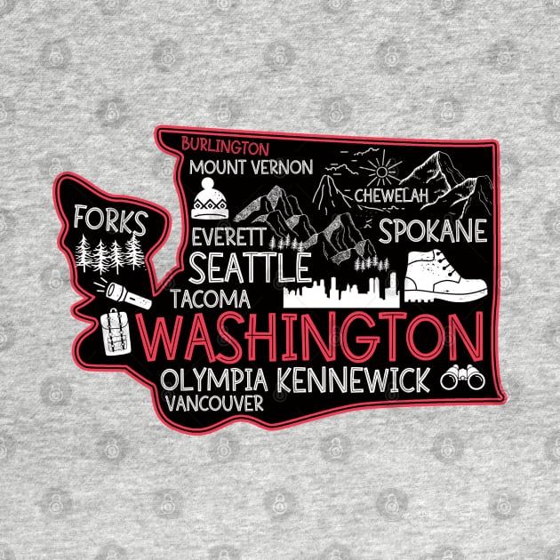 Burlington Washington cute map Tacoma Seattle Kennewick Spokane by BoogieCreates